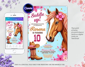 Editable Cowgirl Birthday Invitation Template, Girl Horse Birthday Invitation, Cowgirl Party Horse Invite, Pink Floral Birthday Invitation