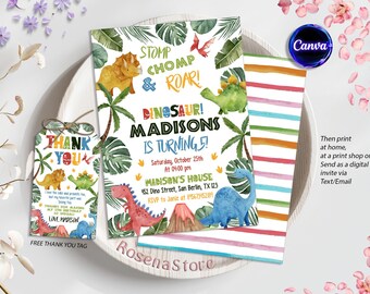 Editable Dinosaur Birthday Party Invitation, Dinosaur Birthday Invitation, Dinosaur thank you tag, Printable, Instant Download
