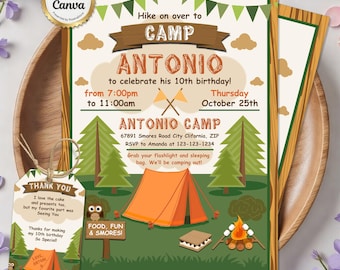 Camping verjaardagsuitnodiging, kinder zomerkamp uitnodigen, jongens Smores Party, outdoor avontuur verjaardagskaart, logeerpartij uitnodigen, bewerkbare Canva