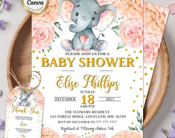 Elephant Baby Shower Invitation, Floral Baby Shower Invite, Blush Pink Baby Shower, Cute Elephant Invitation, Editable Canva Template