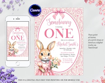 Bunny First Birthday Invitation: Pink Floral Boho (Digital File)
