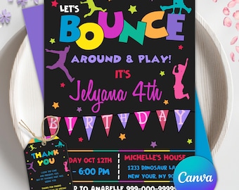 Invitación a fiesta de cumpleaños en parque de trampolines, invitación para saltar, fiesta en castillo inflable, invitación a fiesta de cumpleaños con saltos, plantilla editable de Canva