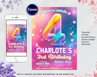 May include: A digital birthday invitation for a girl turning four. The invitation features a colorful, rainbow-colored number four balloon with a pink, blue, and white background. The text on the invitation reads "Join us to celebrate Charlotte's 3rd Birthday".