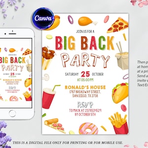 Faire-part de fête avec grand dos, barbecue dans l'arrière-cour modifiable, modèle de fête de nourriture, invitation à un repas de l'été, modèle de soirée-partage, grand dos énergie