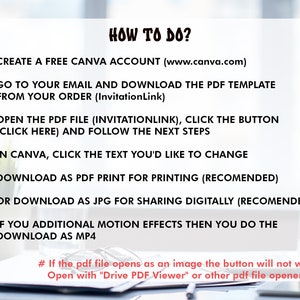 May include: A white background with black text outlining how to create a Canva account and download a PDF template. The text includes the website address www.canva.com and the phrase "InvitationLink".