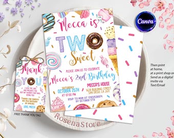 Editable Donut Initation, Donut Birthday Party Invitation, Girl Donut Invitation, Pink Dessert Invite, Instant Download