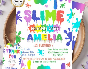 Slime Birthday Invitation, Neon Glow Slime Party Invite, Girl Birthday Party, Instant Download, Editable Canva Template