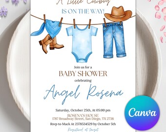 Cowboy Baby Shower Invitation Template, A Little Cowboy Is On The Way, Western Boy Clothesline Watercolor, Editable Canva Digital Download