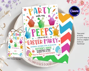 Easter Egg Hunt Invitation, Bunny Invitation, Easter Invitation, Easter Egg thank you tag, Editable in Canva
