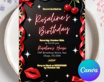 May include: A black invitation with a leopard print border, red ribbon, and a pair of cherries. The invitation reads "Rosaline's Birthday" with event details. A pair of red lips and a Canva logo are also featured.