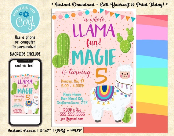 Llama Invitation Llama Birthday Invitation Printable Llama | Etsy