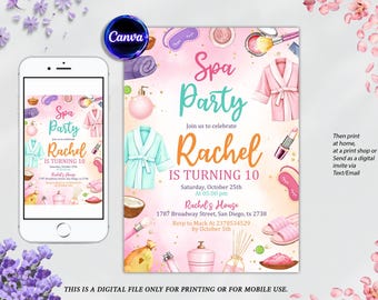 Spa Party Invitation, Spa Girls Birthday Invitation, Tween Birthday Spa Party Invite, Pamper Birthday Glam Party Invite, Digital Canva