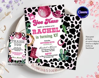 Invitación de cumpleaños de vaquera, fiesta de Nashville, invitación de fiesta de vaquera rosa, cumpleaños de vaquera espacial, invitación de rodeo disco, plantilla de Canva editable