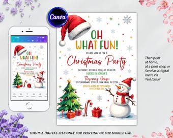 May include: A digital Christmas party invitation with a festive design. The invitation features a snowman, Christmas tree, and candy canes. The text reads "Oh What Fun!" and includes party details. A smartphone displays the invitation.