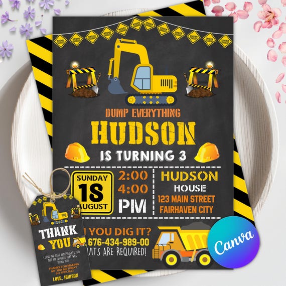 Construction Birthday Invitation, Construction Invitation, Dump Truck Party Invite, Construction Party, Boy Birthday,Editable Canva Template