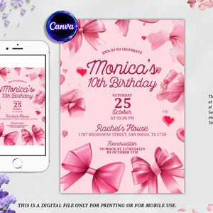 Pink Bow Birthday Invitation, Girl Pink Birthday Invitation, Coquette Bow Birthday Invites, Coquette Invitation Template, Instant Download