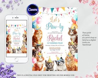 Invito di compleanno modificabile a tema gattino, "Hai ragione, gattino?", "Festa di compleanno a tema gattino", "Facciamo festa", "Gatto carino", download immediato