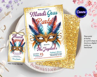 Könnte beinhalten: Eine Einladung zu einer Mardi Gras-Party mit goldenem Glitzerhintergrund. Die Einladung zeigt eine farbenfrohe Maskenballmaske mit Federn und dem Text "Mardi Gras Party" in Lila und Grün. Der Text "Hosted by The Jayden's" ist in Lila. Die Einladung enthält auch das Datum, die Uhrzeit und den Ort der Party. Ein Dankeschön-Etikett mit ähnlichem Design ist enthalten.