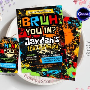 Invito di compleanno Bruh, festa di graffiti al neon, BRUH YOU IN? Invito di compleanno, qualsiasi età, biglietto di compleanno stampabile, modello Canva modificabile