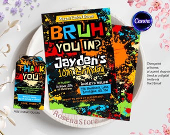 Bruh Birthday Invitation, Neon Graffiti Party, BRUH YOU IN? Birthday Invitation, Any Age, Printable Bday Card, Editable Canva Template