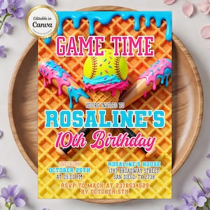 May include: A birthday invitation with a waffle-textured background. The invitation features the text "GAME TIME" and "ROSALINE'S 10th Birthday". Decorative elements include a baseball, ice cream cones, and baseball bats with pink and blue accents.