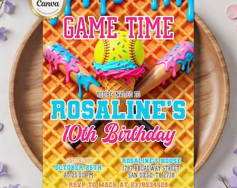 Softball Ice Cream Drip Birthday Invitation, Game Time Party Invite, Pink Blue Sprinkles, Sports Bday, Any Age, DIY Canva Template