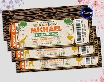 May include: A brown and orange ticket invitation with a zebra print background. The ticket says "Wild Adventure" and "Michael is turning one!" with details for a party on Thursday, December 25th at 2:00 PM. The ticket also includes an RSVP number.