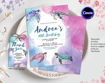 Editable Sea Turtle Invitation, Under The Sea Birthday Invitation, Sea Turtle Birthday Party Invitation Template Instant Download