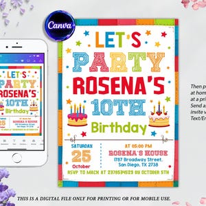 Puede incluir: Una colorida invitación de fiesta de cumpleaños con el texto "LET'S PARTY ROSENA'S 10TH BIRTHDAY". La invitación incluye un gráfico de pastel, fecha, hora y lugar. Un teléfono inteligente muestra el mismo diseño. El logotipo de Canva es visible.