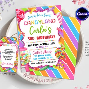 Bearbeitbare Candyland Einladung, Candy Geburtstagseinladung, Candyland Party einladen, Candyland Lolipop, Einladung zur süßen Feier