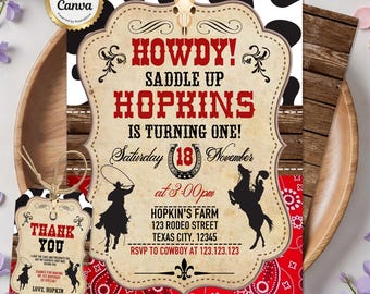 Invitación de cumpleaños de vaquero, invitación para fiesta del lejano oeste, invitación para el primer rodeo, temática del oeste, invitación para mi primer rodeo, plantilla editable de Canva