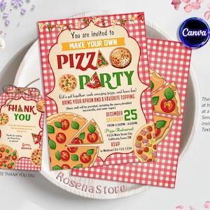Bearbeitbares Pizza Party Family Night Bundle mit Einladung, Rezeptkarten und Dankeskarte, Einladung zur Pizza-Geburtstagsfeier, digitale Leinwand