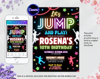 Puede incluir: Una invitación digital para una fiesta de cumpleaños con fondo negro y texto de neón que dice "Let's JUMP AND PLAY!". La invitación incluye el nombre "Rosena" y la fecha y hora de la fiesta. Un smartphone muestra el mismo diseño.