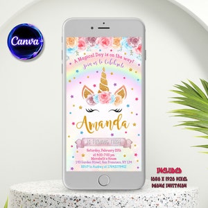 Unicorn telefoon verjaardagsuitnodiging sjabloon, Unicorn elektronische uitnodiging, Unicorn verjaardagsfeestje uitnodiging, bewerkbaar in Canva