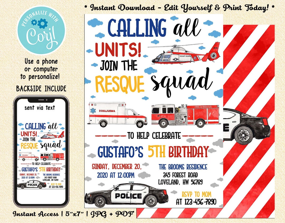 Emergency Vehicles Birthday Invitation Digital Rescue Etsy