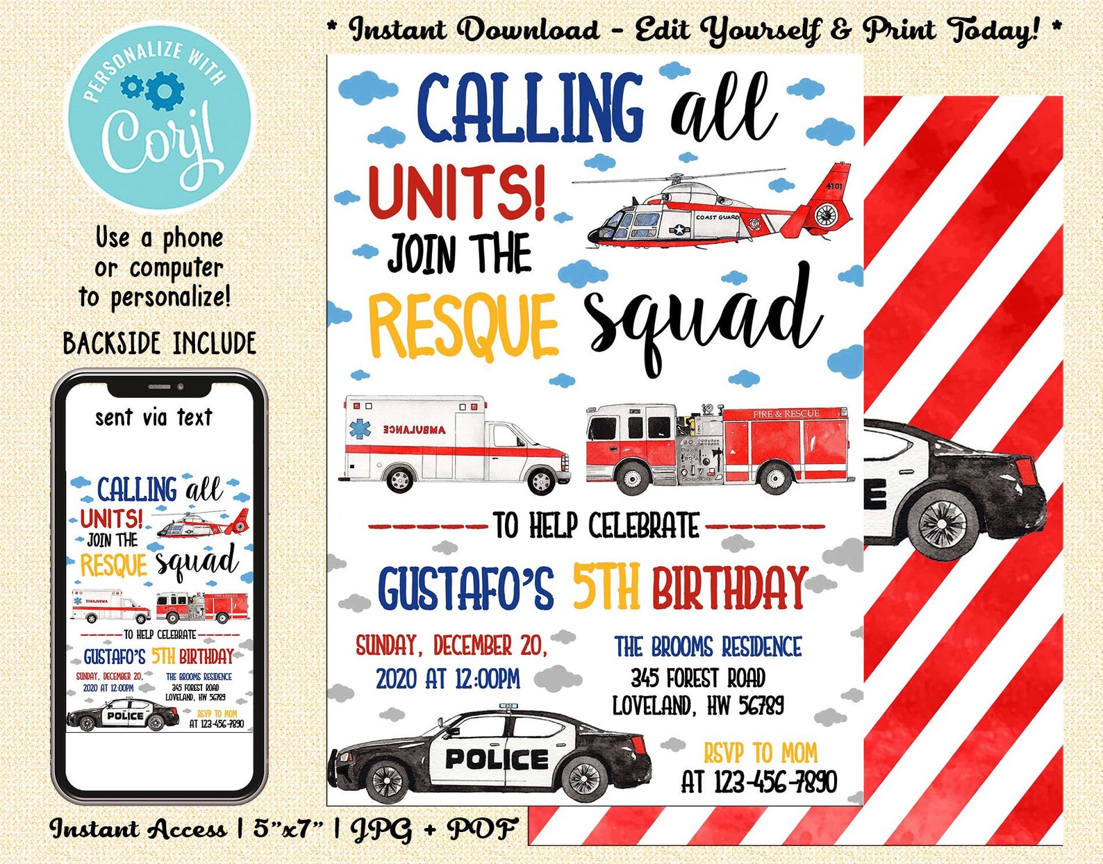 Emergency Vehicles Birthday Invitation Digital Rescue Etsy