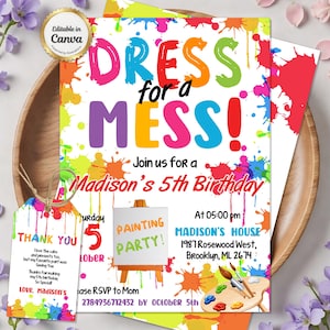 Painting Birthday Invitation, Art Party Invite, Art Painting Theme, Dress for a Mess, Colorful Splatter, Editable Canva Template