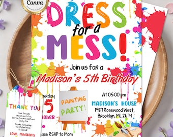 Invitación de cumpleaños con pintura, invitación a fiesta de arte, tema de pintura artística, vestido para un desastre, salpicaduras de colores, plantilla editable de Canva