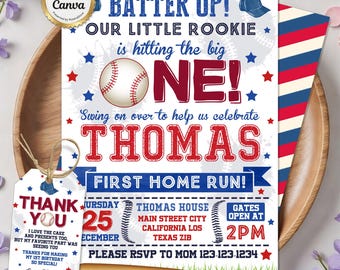Invitación para el primer cumpleaños de béisbol, invitación para el Novato del Año, primer cumpleaños de nuestro pequeño novato, fiesta de béisbol para niño, plantilla editable de Canva