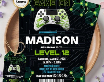 Invito di compleanno a tema videogiochi, invito per festa a tema videogiochi, invito di compleanno Level Up, tema per festa a tema videogiochi, download immediato, modello Canva modificabile