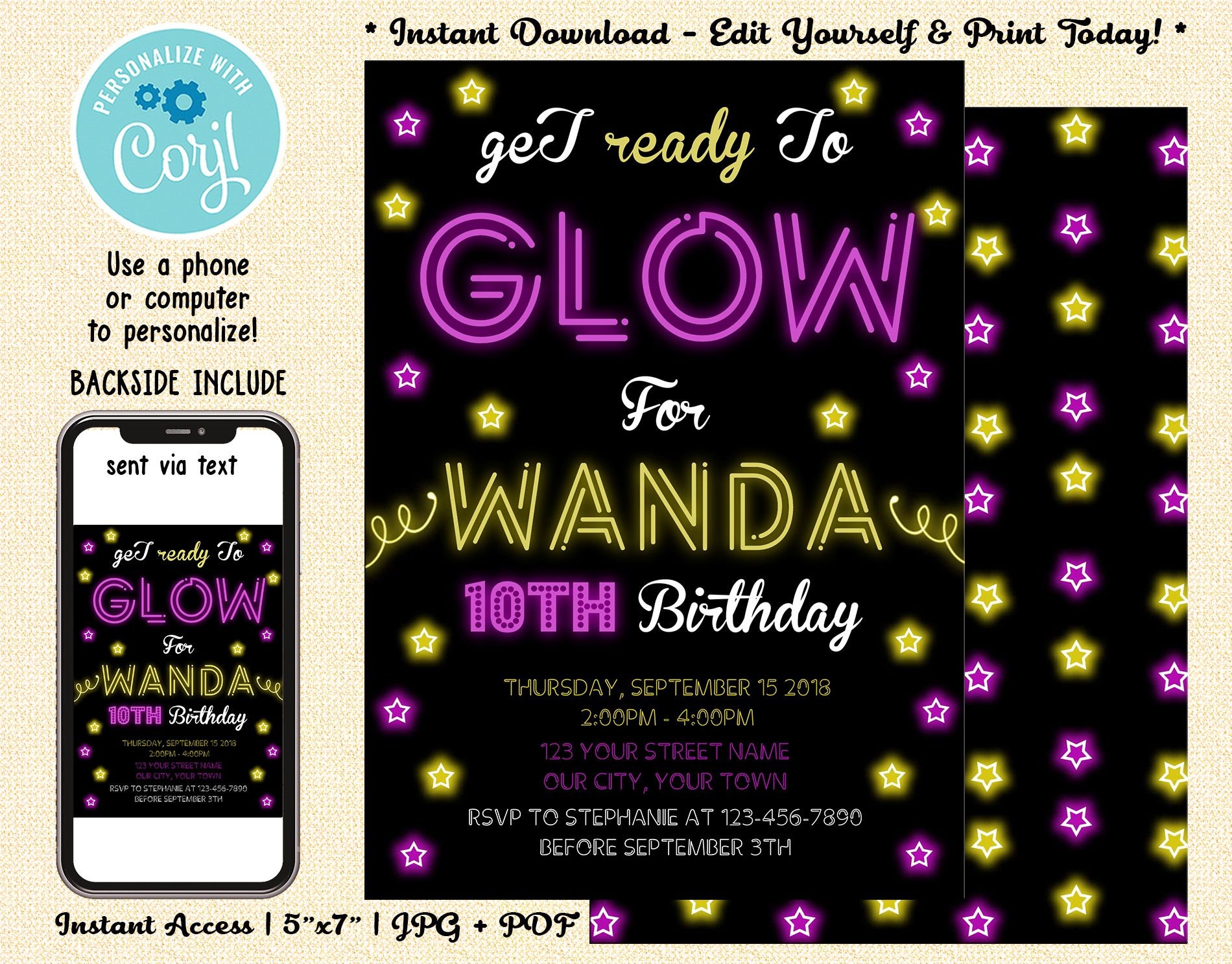 Glow Birthday Party Invitation Neon Glow Invitation Neon Glow in the Dark Party Editable with Corjl