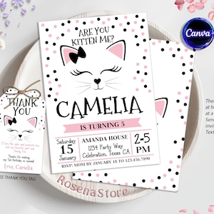 Editable Kitty Cat Invitation, Kitty Cat Birthday Party Invitation, Are You Kitten Me, Baby Pink Girl, Instant Download, Digital Canva