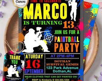 Invito di compleanno a tema paintball, invito per festa a tema paintball, invito mimetico, schizzi di vernice, modello Canva modificabile