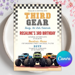 May include: A birthday party invitation with a monster truck theme. The invitation features the text "Rosaline's 3rd Birthday" and details about the party. The design includes three monster trucks in blue, green, and orange.