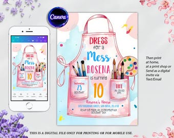 dress for a mess party invitation template Dress for a Mess Birthday Invitation: Girl Art Party, Editable Template  (5x7 inches)