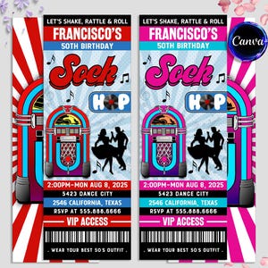 Bewerkbare retro ticketuitnodiging, sokhop verjaardagsuitnodiging jaren 50, retro verjaardagsfeestje, discodans, instant download