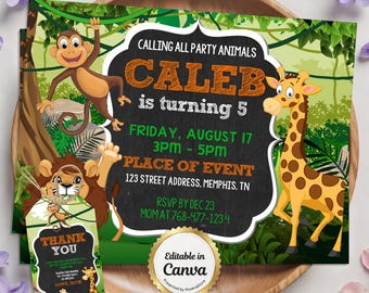 Safari Birthday Invitation, Jungle Party Invite, Animal Birthday Party Theme, Zoo Invitation, Digital Download, Editable Canva Template