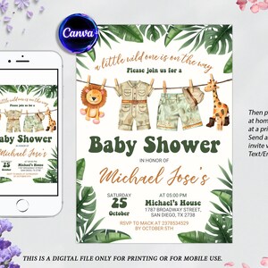 Safari Baby Shower Invitation, Greenery Clothesline Invite, Safari Animals Invitation Template, Jungle Baby Shower Invtation, Editable Canva