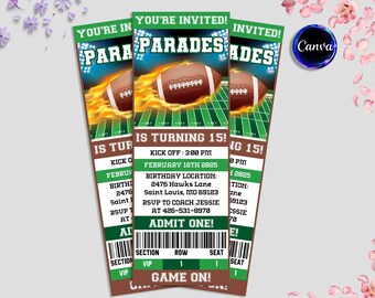 Football Invitation, Sports Ticket Style Party Invite, Football Birthday Part Invitation, Any Age, Editable in Canva