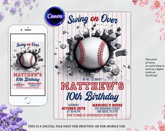 Op de afbeelding: Een baseball-thema verjaardagsuitnodiging met een rood, wit en blauwe baseball die door een gebarsten muur breekt. De uitnodiging luidt "Swing on Over" en "Matthew's 10th Birthday".